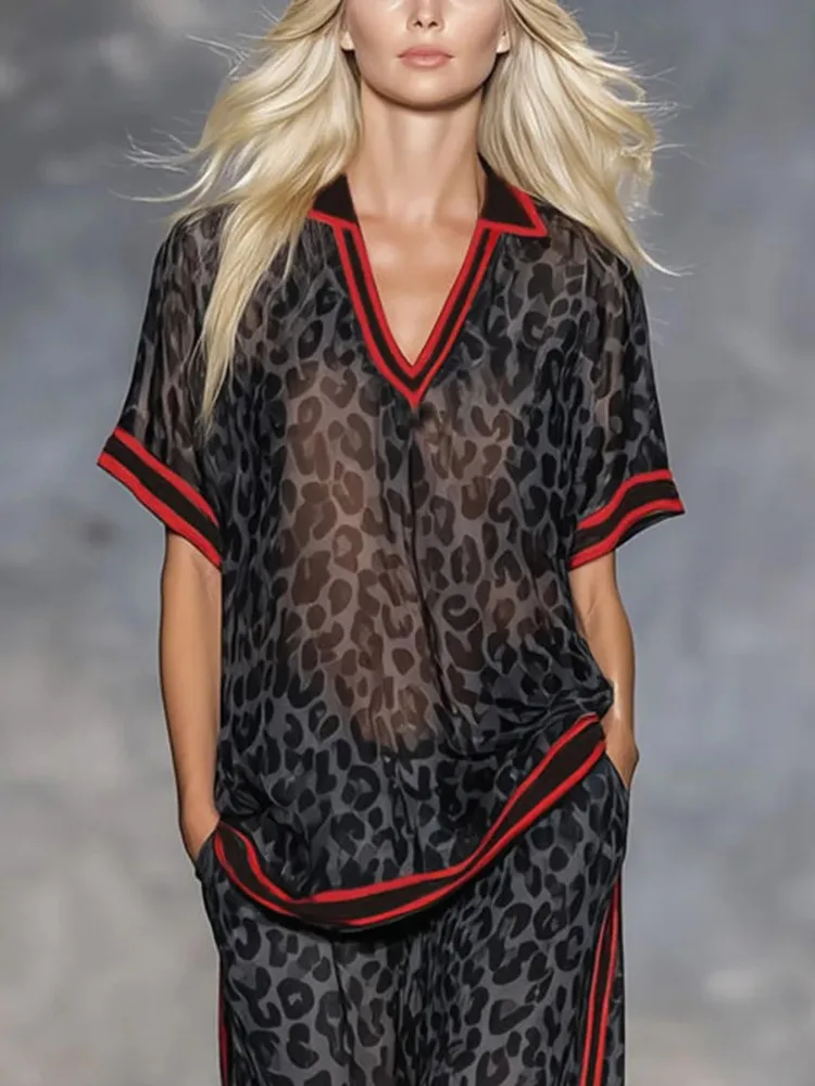 Bonboho Women's Dark Grey Leopard Print Contrast Red Trim Polo T-Shirt Casual Short Sleeve Sheer Loose Summer Streetwear Top