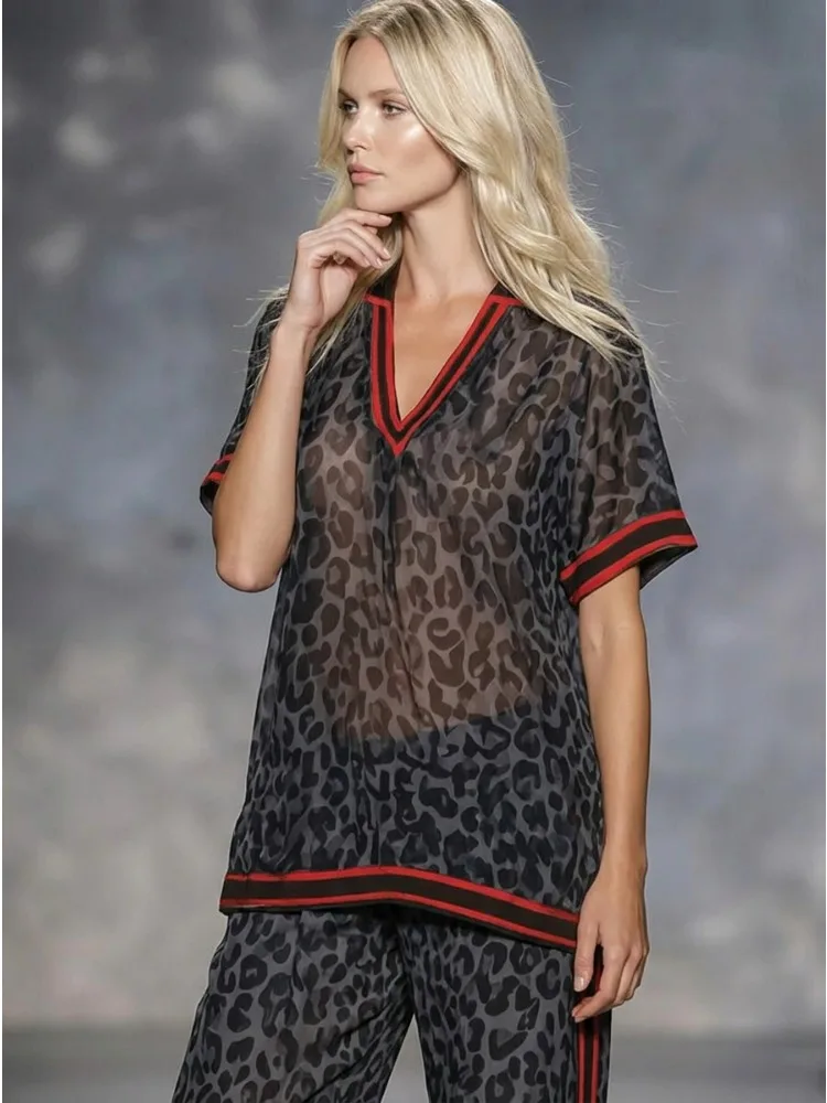 Bonboho Women's Dark Grey Leopard Print Contrast Red Trim Polo T-Shirt Casual Short Sleeve Sheer Loose Summer Streetwear Top