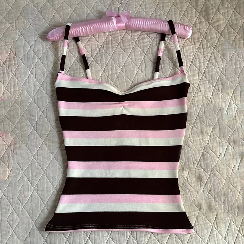 Fashion Classic Casual Camisole Y2K American Contrast Stripe Summer Slim Vest Fashion Kawaii Sexy Spice Girl Aesthetics Pullover