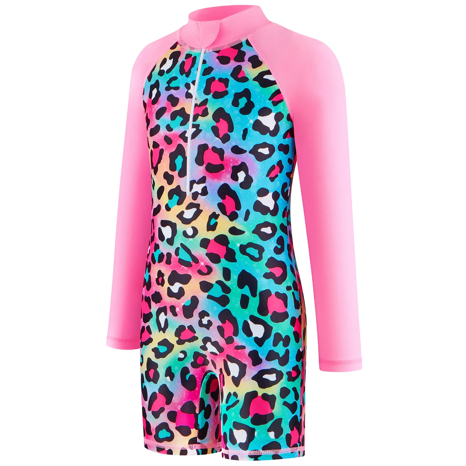 Kids Girl Swimsuit One Piece Girl's Swimwear Rash Guard Set Zipper Front Long Sleeve Leopard Print Bathing Suit for Beach 3-15Y