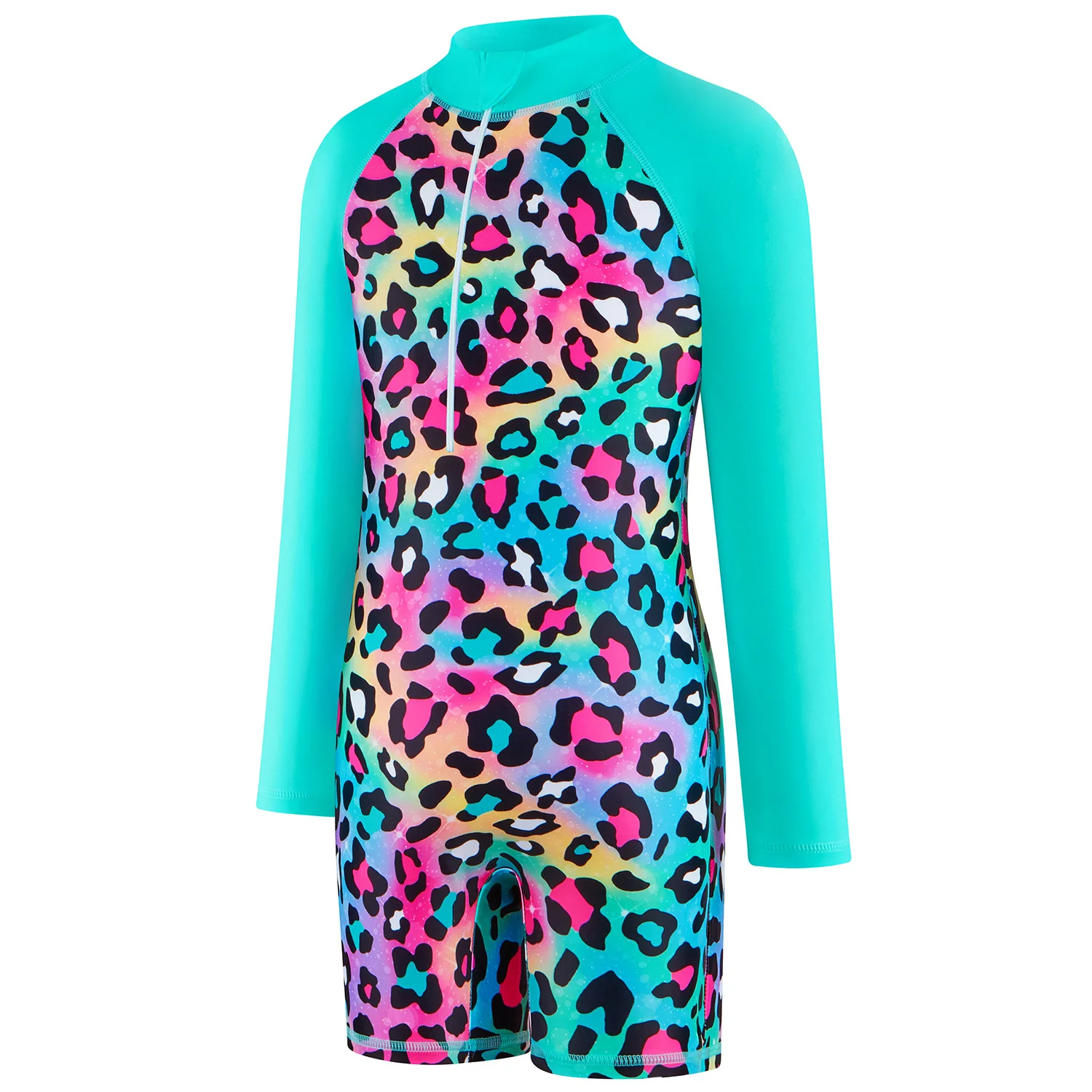 Kids Girl Swimsuit One Piece Girl's Swimwear Rash Guard Set Zipper Front Long Sleeve Leopard Print Bathing Suit for Beach 3-15Y