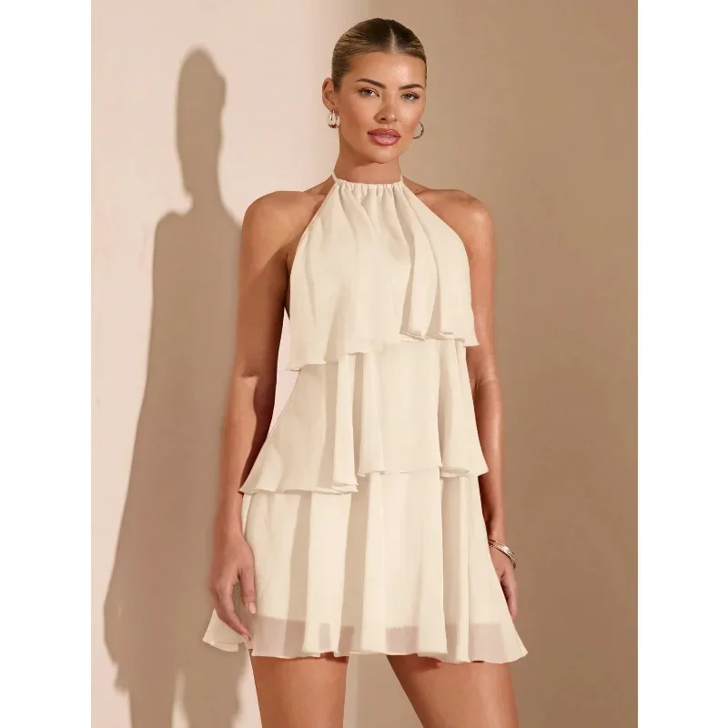 Womens Sleeveless Halter Tiered Chiffon Dress Ruffle Layered Flowy Short Dress Solid Color For Summer Beach Evening Party Occasi