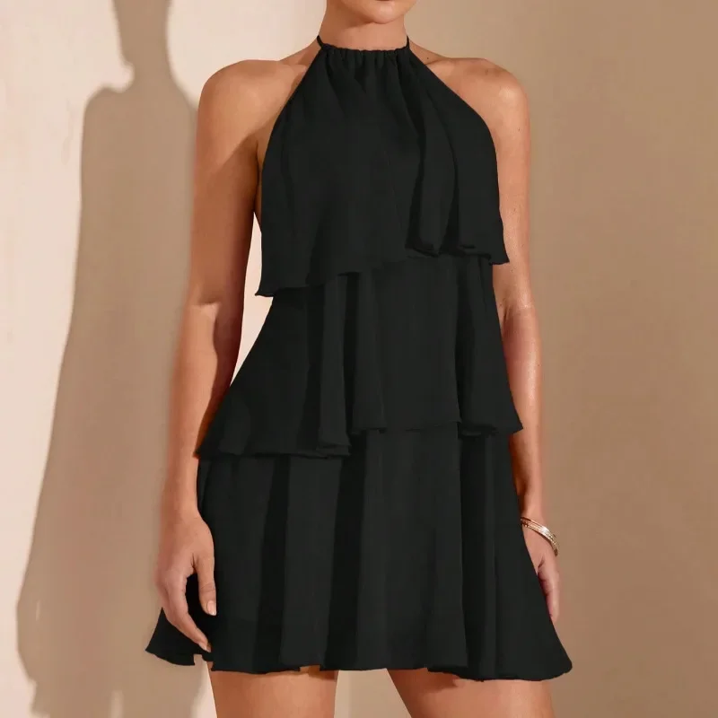Womens Sleeveless Halter Tiered Chiffon Dress Ruffle Layered Flowy Short Dress Solid Color For Summer Beach Evening Party Occasi