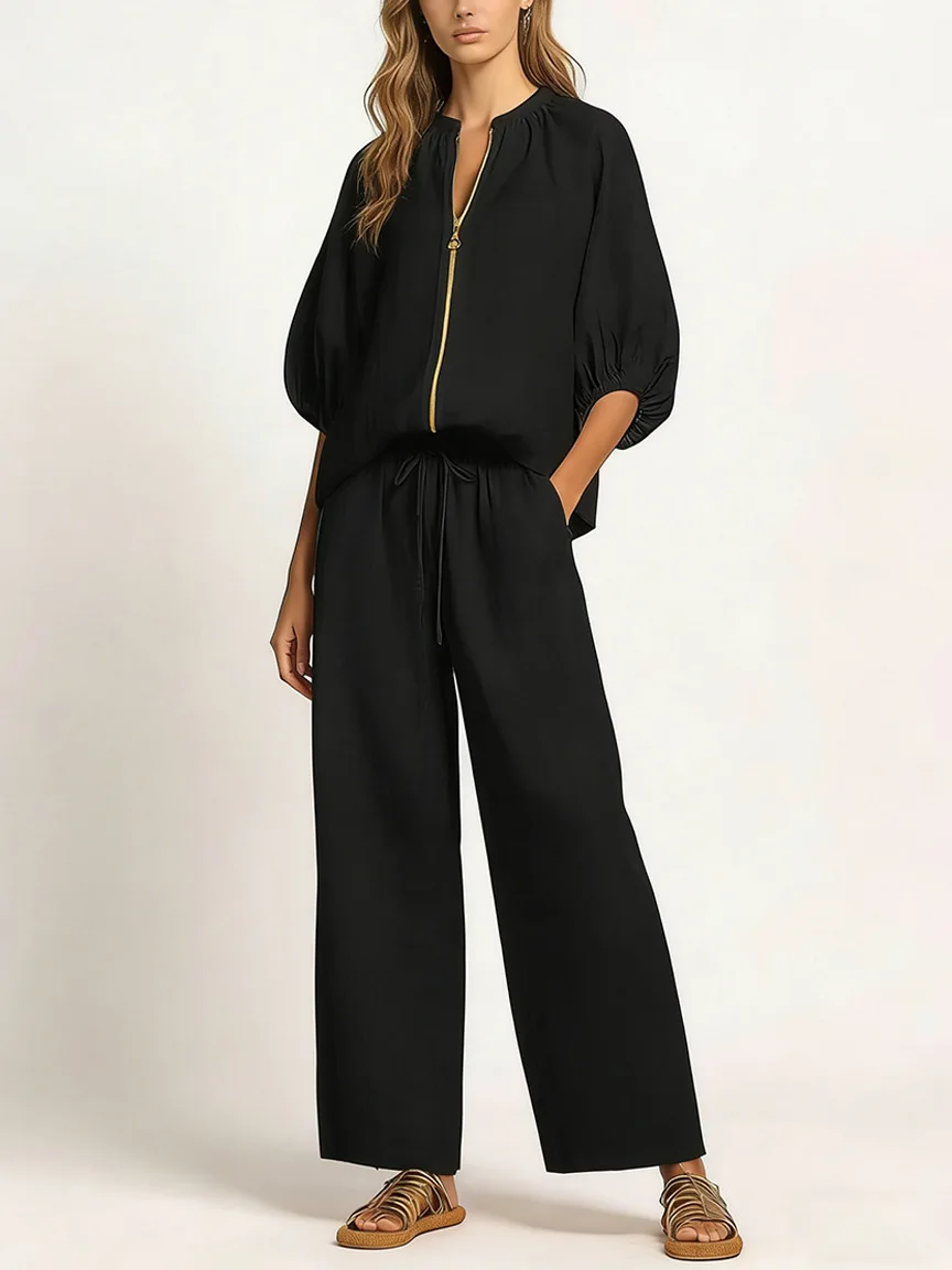 2026 Summer New Western Style Cross-border Women's Clothing Foreign Trade Casual Loose Solid Color Zipper Round Neck Wide-leg Pa