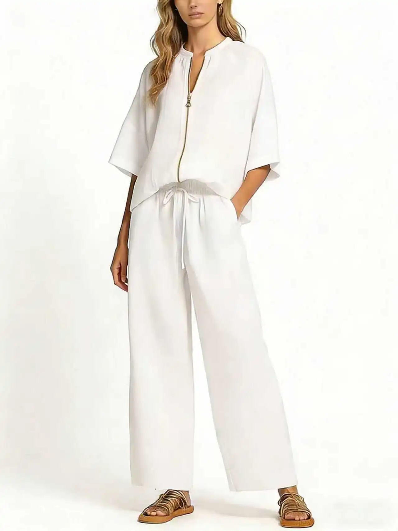 2026 Summer New Western Style Cross-border Women's Clothing Foreign Trade Casual Loose Solid Color Zipper Round Neck Wide-leg Pa