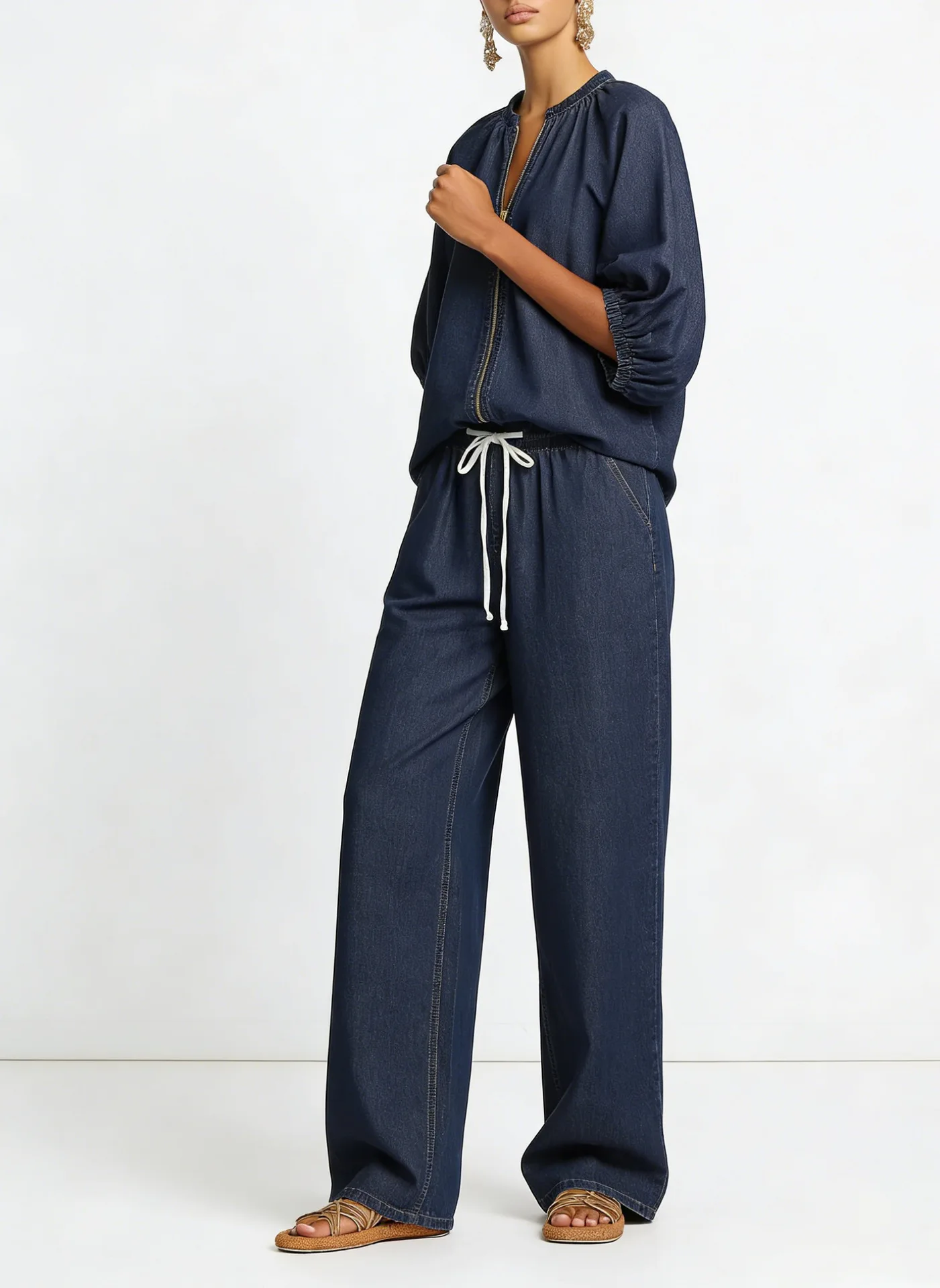 2026 Summer New Western Style Cross-border Women's Clothing Foreign Trade Casual Loose Solid Color Zipper Round Neck Wide-leg Pa
