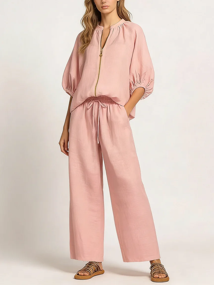 2026 Summer New Western Style Cross-border Women's Clothing Foreign Trade Casual Loose Solid Color Zipper Round Neck Wide-leg Pa
