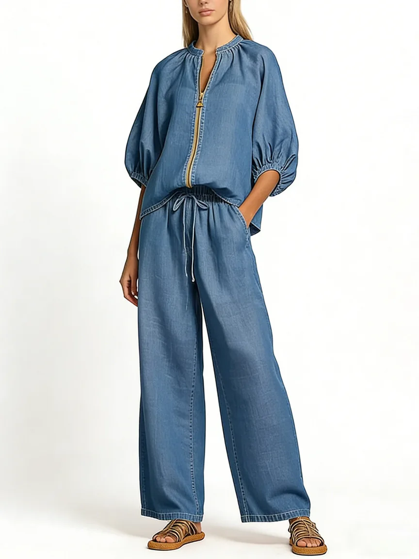 2026 Summer New Western Style Cross-border Women's Clothing Foreign Trade Casual Loose Solid Color Zipper Round Neck Wide-leg Pa