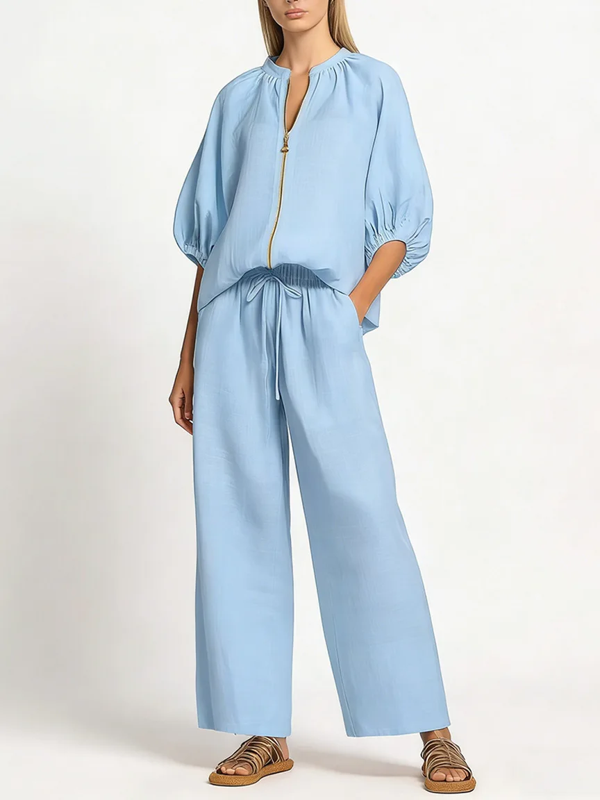 2026 Summer New Western Style Cross-border Women's Clothing Foreign Trade Casual Loose Solid Color Zipper Round Neck Wide-leg Pa