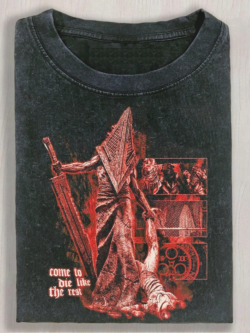 Vintage Pyramid Head Print Washed T-Shirt High-Quality Loose-Fit Versatile Tee Soft Breathable Comfortable Fabric Streetwear