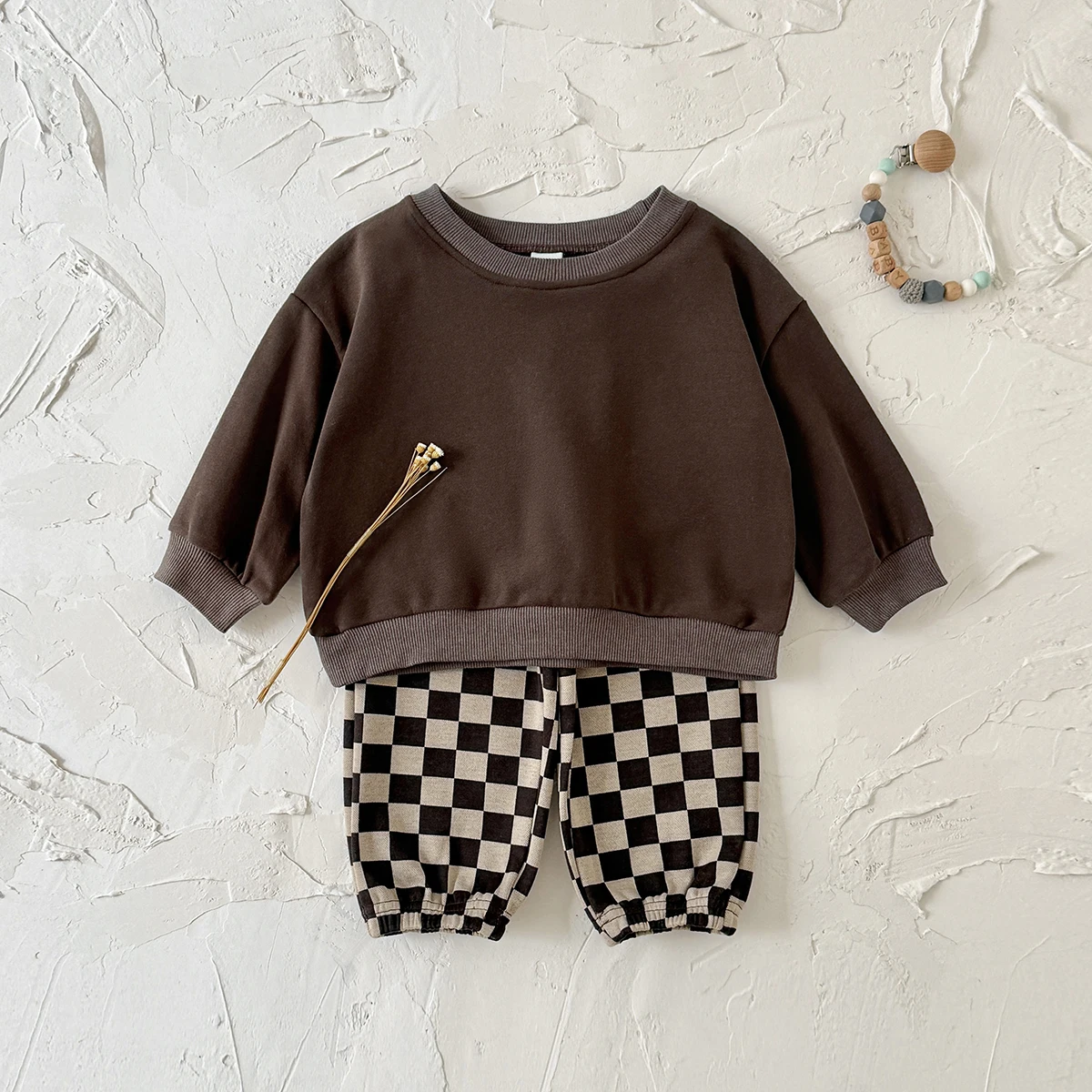New Design Minimalist Baby Girl Clothes Spring Fall Solid Top+Casual Checked Pants Sets Baby Boy Clothing