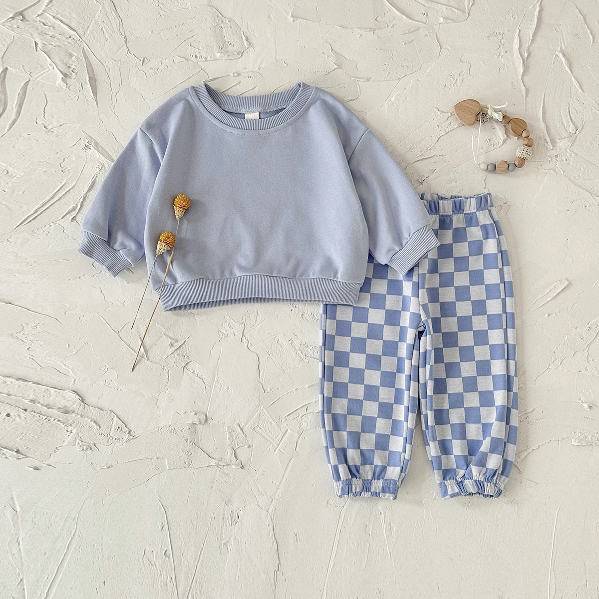 New Design Minimalist Baby Girl Clothes Spring Fall Solid Top+Casual Checked Pants Sets Baby Boy Clothing