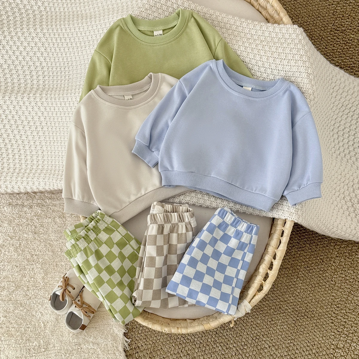 New Design Minimalist Baby Girl Clothes Spring Fall Solid Top+Casual Checked Pants Sets Baby Boy Clothing