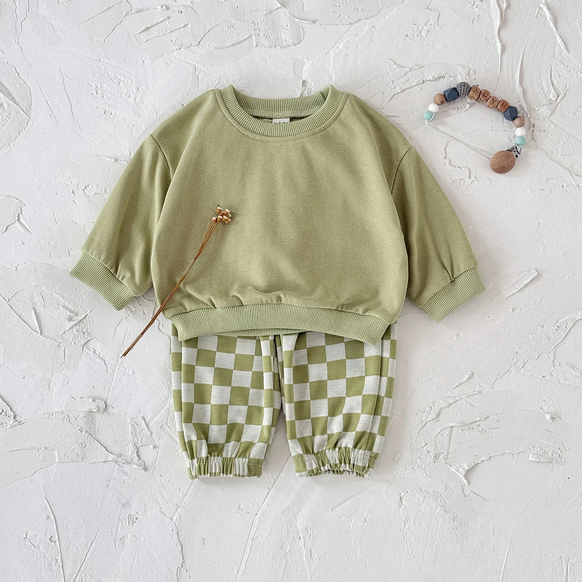 New Design Minimalist Baby Girl Clothes Spring Fall Solid Top+Casual Checked Pants Sets Baby Boy Clothing