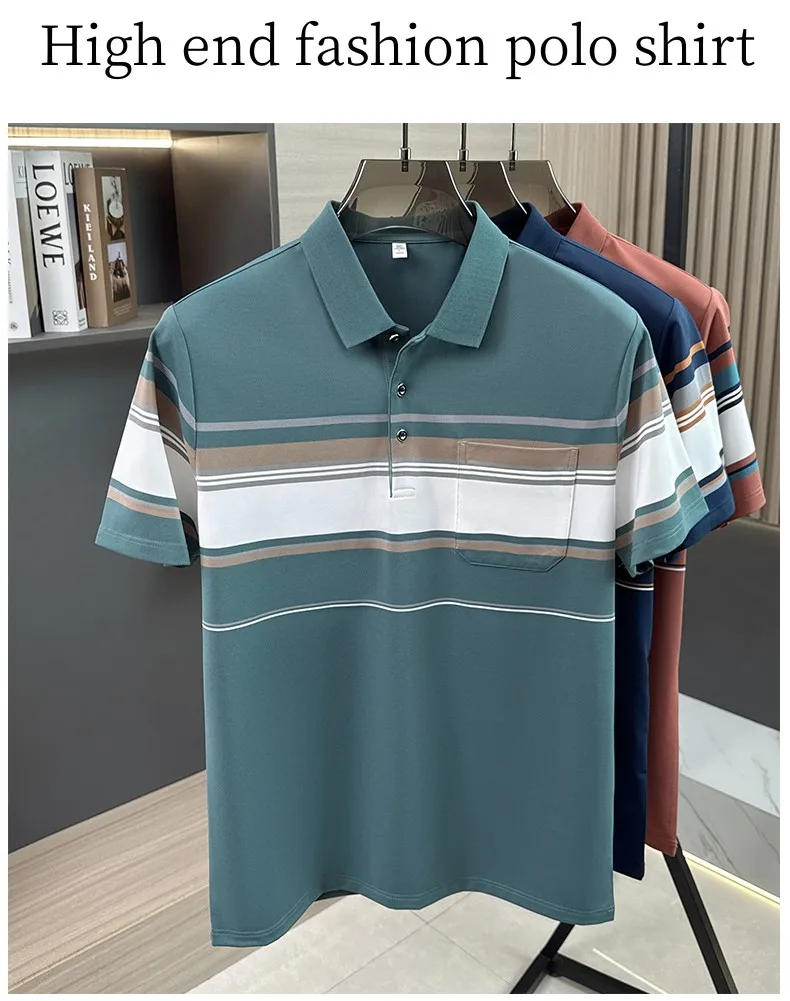 Fashion striped color blocked short sleeve polo shirt high-quality men's new comfort pocket T-shirt summer breathable casual top