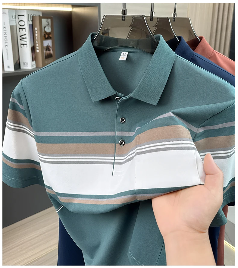 Fashion striped color blocked short sleeve polo shirt high-quality men's new comfort pocket T-shirt summer breathable casual top