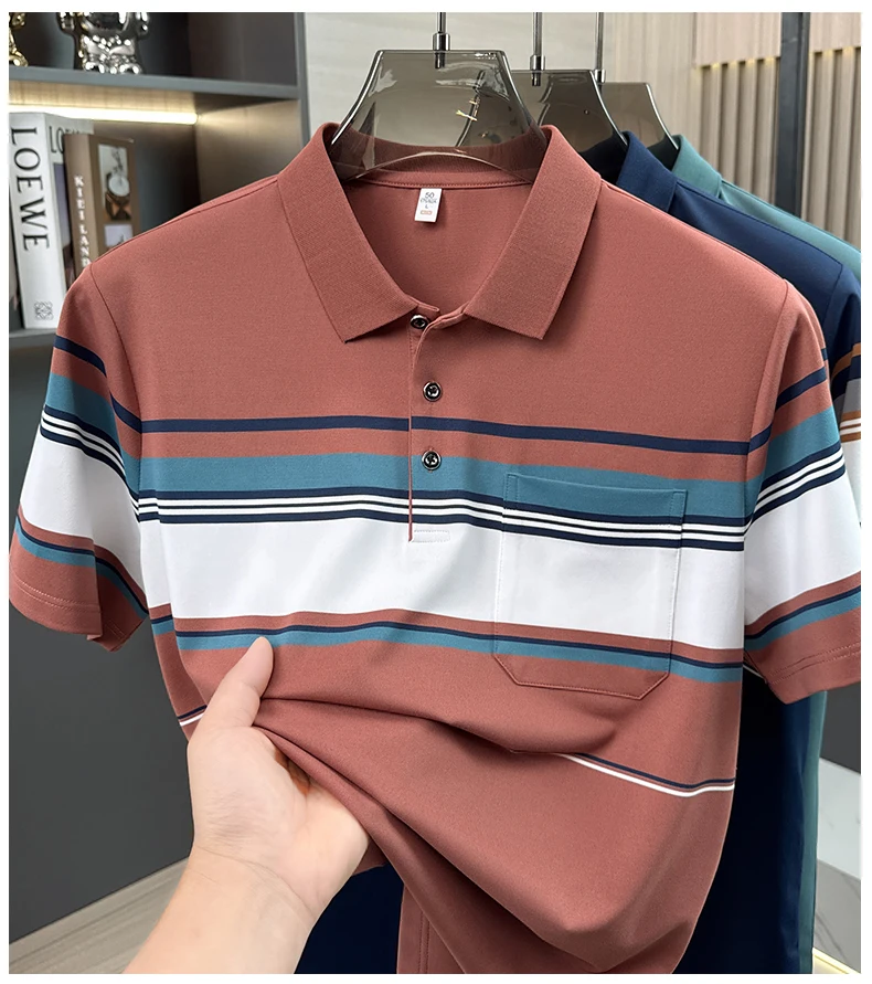 Fashion striped color blocked short sleeve polo shirt high-quality men's new comfort pocket T-shirt summer breathable casual top