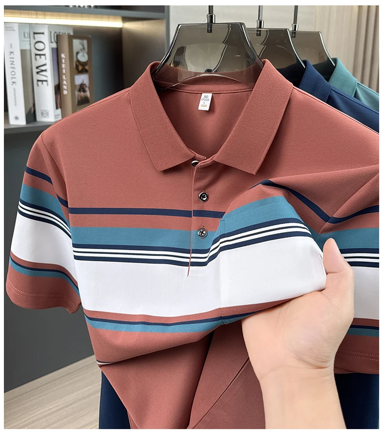Fashion striped color blocked short sleeve polo shirt high-quality men's new comfort pocket T-shirt summer breathable casual top