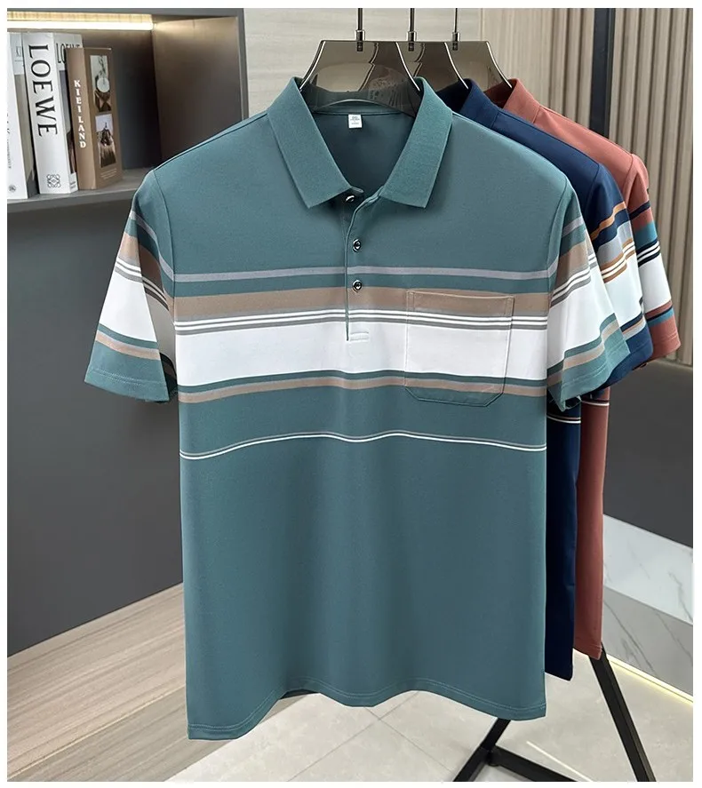 Fashion striped color blocked short sleeve polo shirt high-quality men's new comfort pocket T-shirt summer breathable casual top