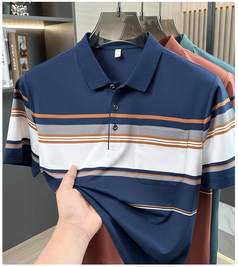 Fashion striped color blocked short sleeve polo shirt high-quality men's new comfort pocket T-shirt summer breathable casual top