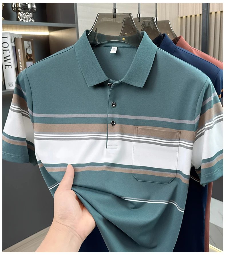 Fashion striped color blocked short sleeve polo shirt high-quality men's new comfort pocket T-shirt summer breathable casual top