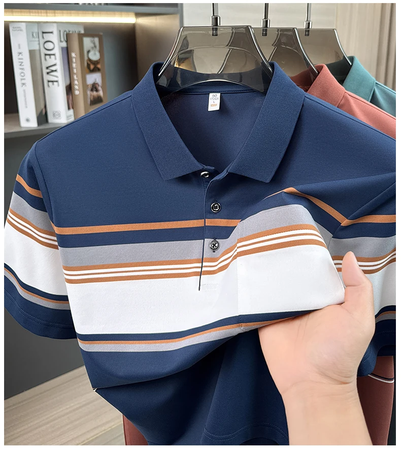 Fashion striped color blocked short sleeve polo shirt high-quality men's new comfort pocket T-shirt summer breathable casual top