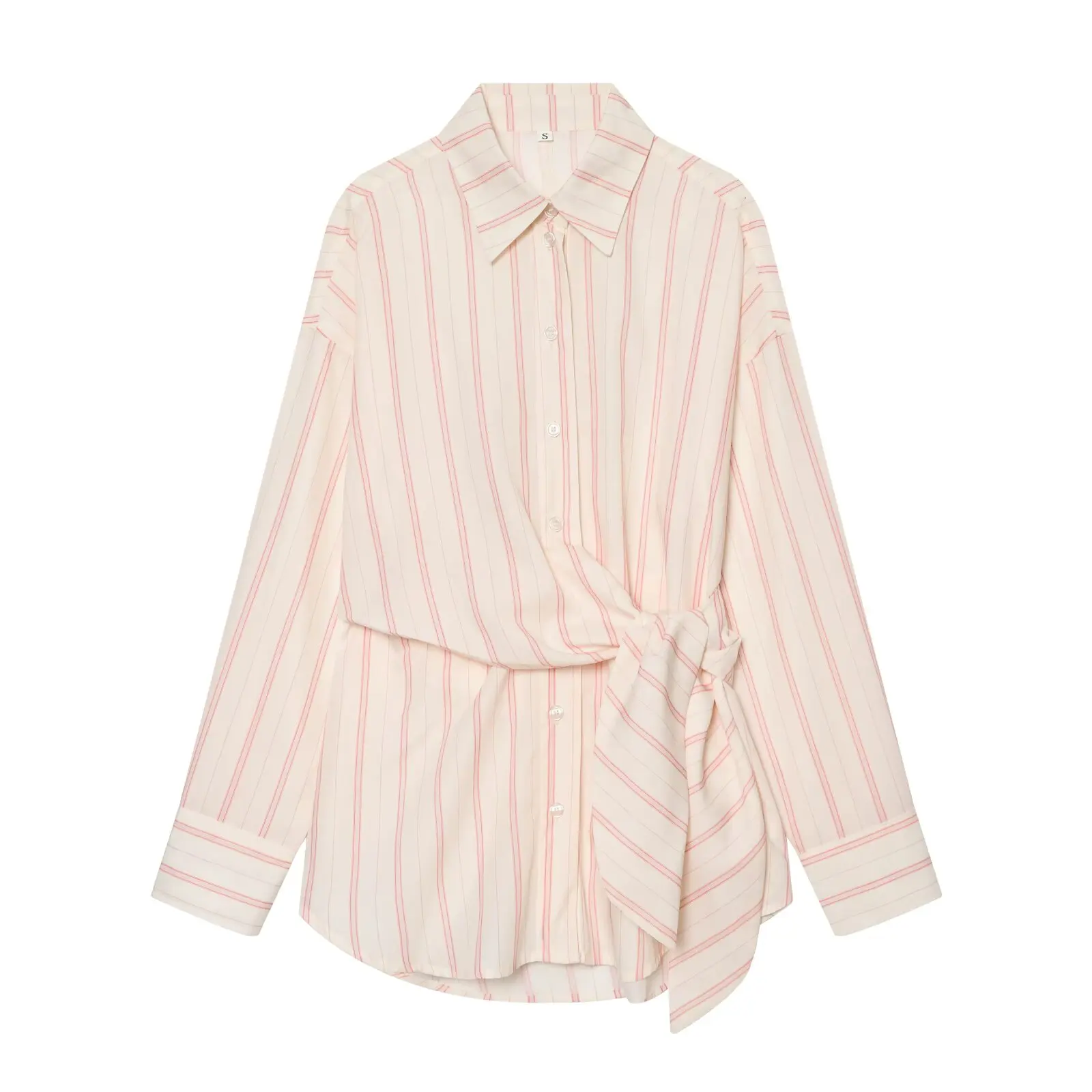 Women's Striped Shirt New 2026 Spring Long Sleeve V Neck Pocket Button Knot Decoration Loose Women Shirt & Blouses Female Tops