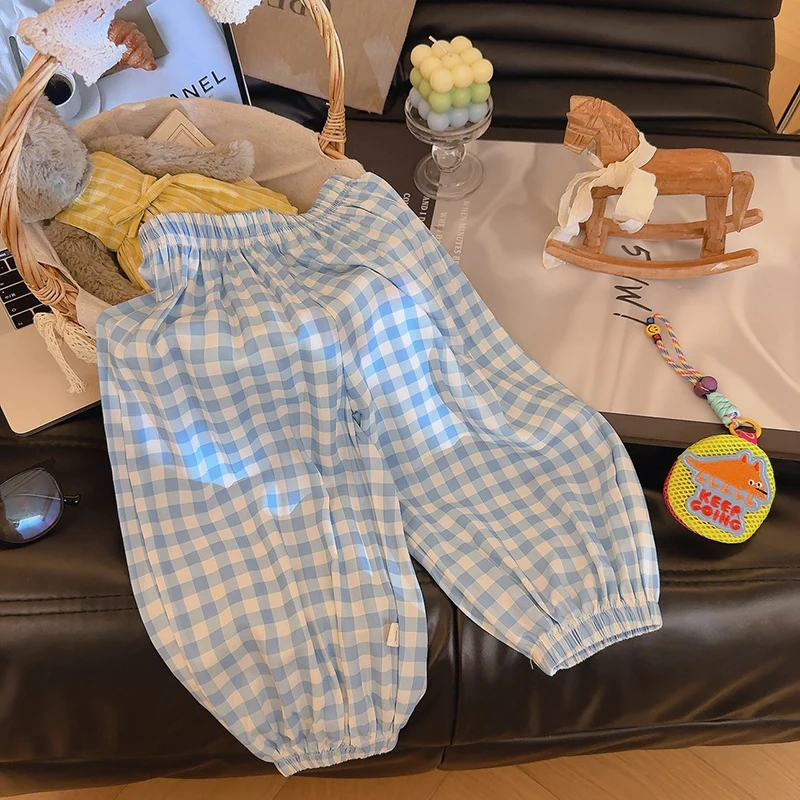2026 Summer Girls Plaid Print Loose Harem Trousers Kids Cartoon Lightweight Anti Mosquito Long Pants Children Bloomers