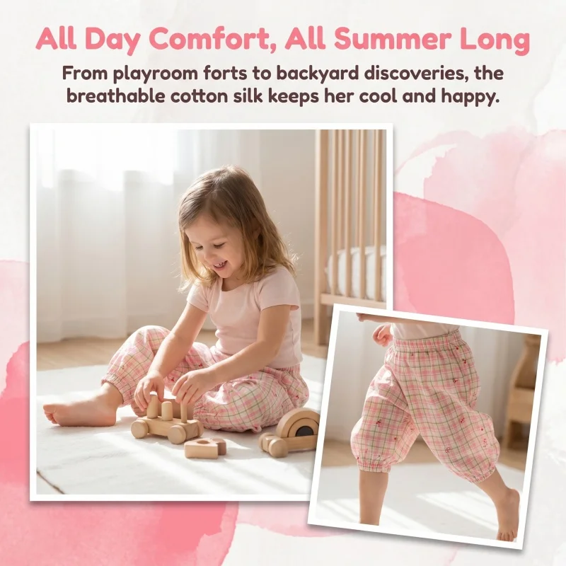 2026 Summer Girls Plaid Print Loose Harem Trousers Kids Cartoon Lightweight Anti Mosquito Long Pants Children Bloomers
