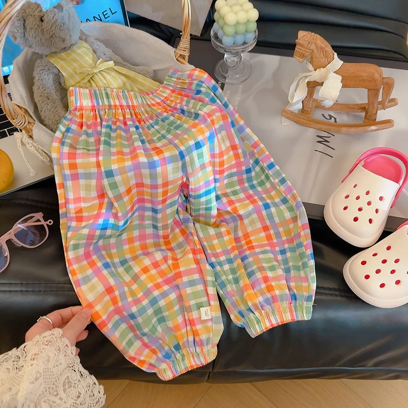 2026 Summer Girls Plaid Print Loose Harem Trousers Kids Cartoon Lightweight Anti Mosquito Long Pants Children Bloomers