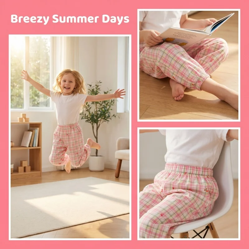 2026 Summer Girls Plaid Print Loose Harem Trousers Kids Cartoon Lightweight Anti Mosquito Long Pants Children Bloomers
