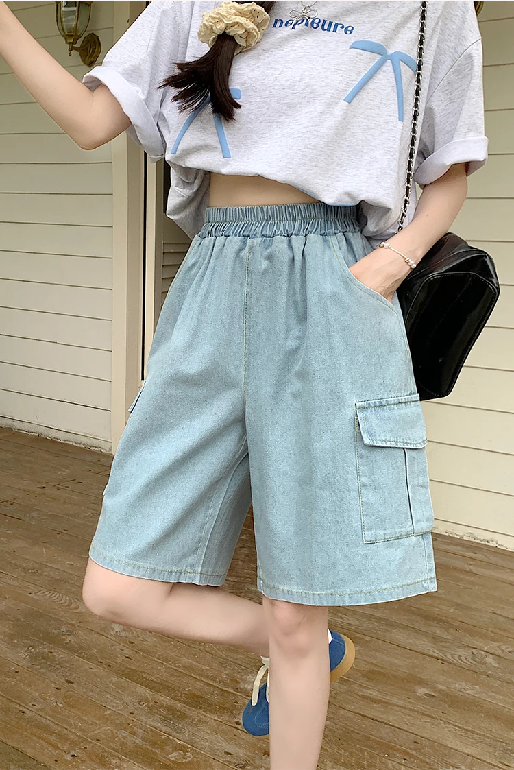 AOSSVIAO Trendy Loose Versatile Dad Shorts 2026 Summer New Women's Denim Shorts Straight Thin Japanese Style Knee-length Pants