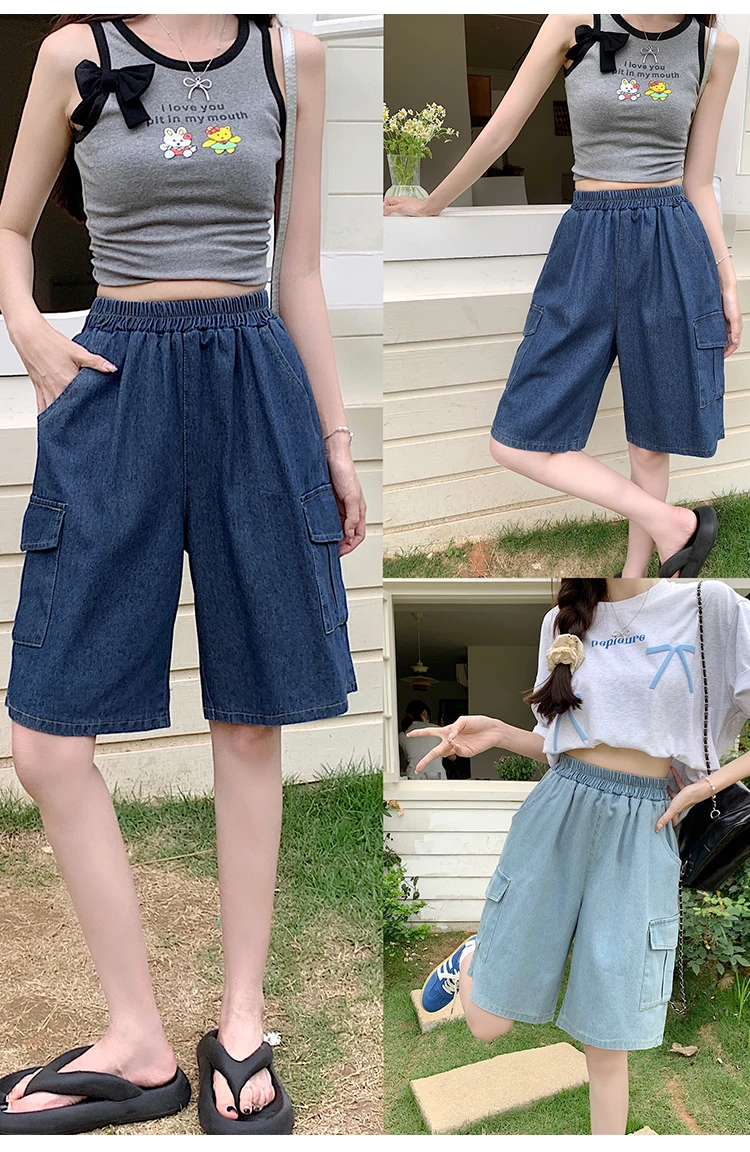AOSSVIAO Trendy Loose Versatile Dad Shorts 2026 Summer New Women's Denim Shorts Straight Thin Japanese Style Knee-length Pants