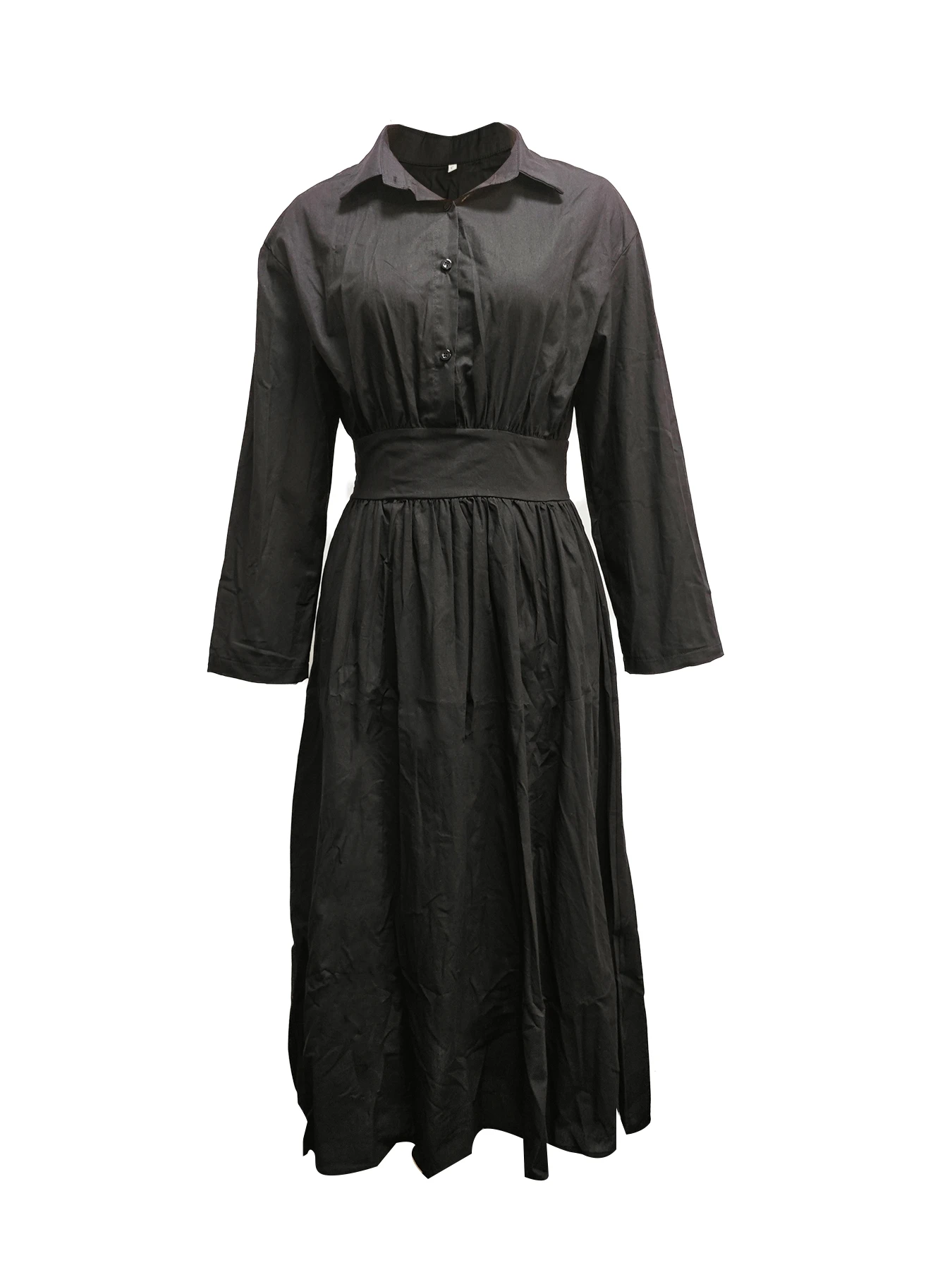Women's Long Sleeve Button Down Shirt Dress with Collar and Pleated A-Line Midi Skirt