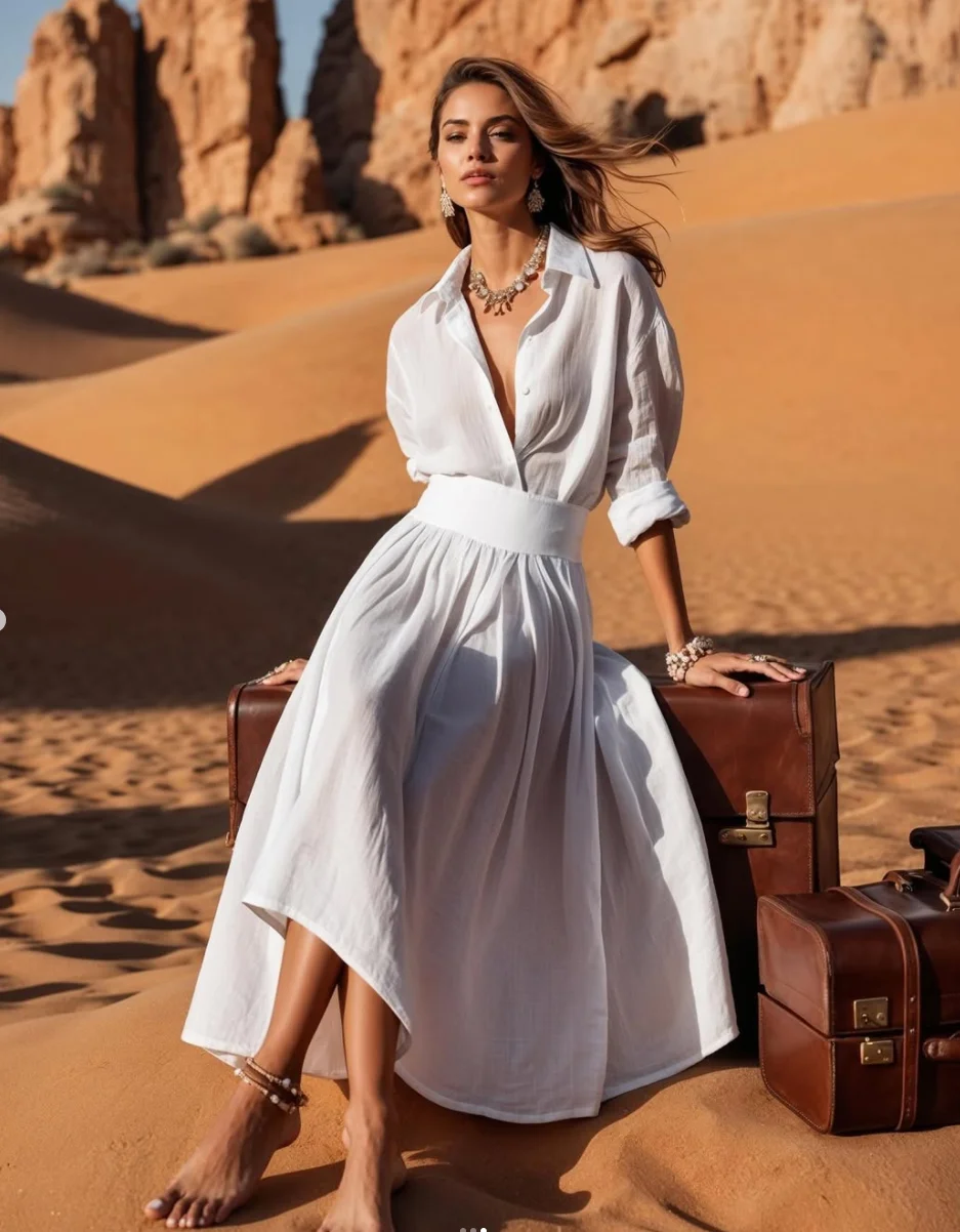 Women's Long Sleeve Button Down Shirt Dress with Collar and Pleated A-Line Midi Skirt
