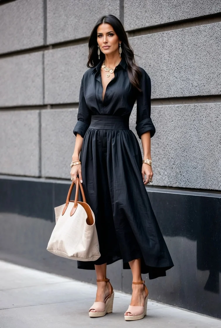 Women's Long Sleeve Button Down Shirt Dress with Collar and Pleated A-Line Midi Skirt