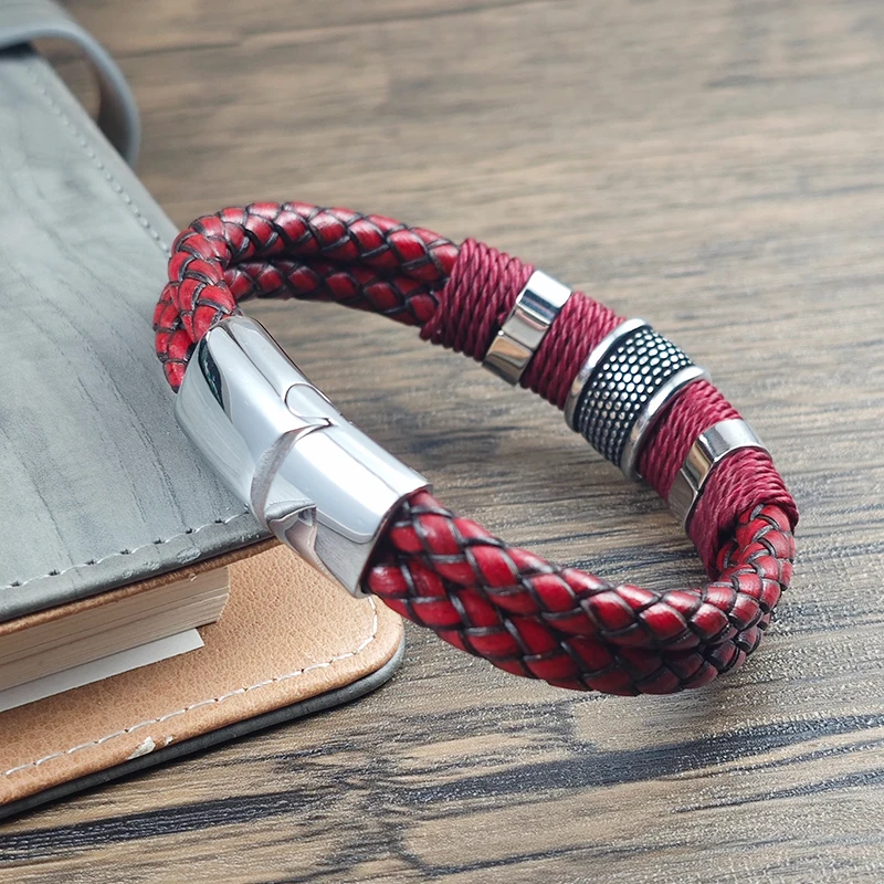 Men Bracelet High Quality Stainless Steel Red Braided Leather Wristband with Beads Magnetic Clasp Punk Jewelry Gift for Him