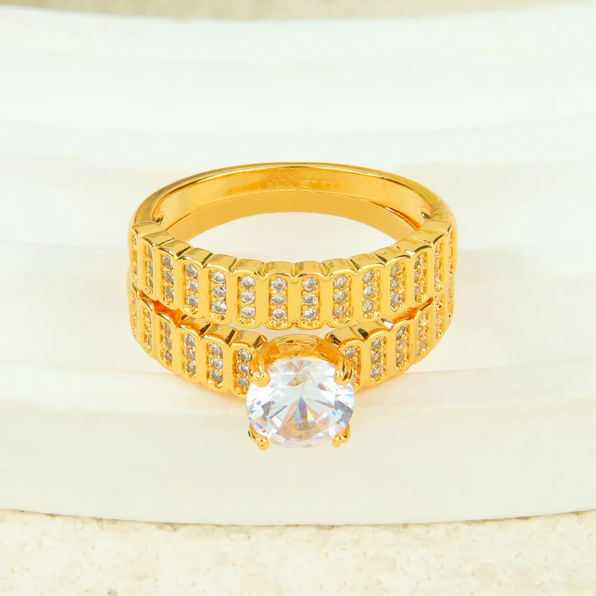 Dubai Fashion Cubic Zirconia Stackable Rings 21k Gold Plated Arabic Exquisite Engagement Couples Ring Italian Gold Jewelry