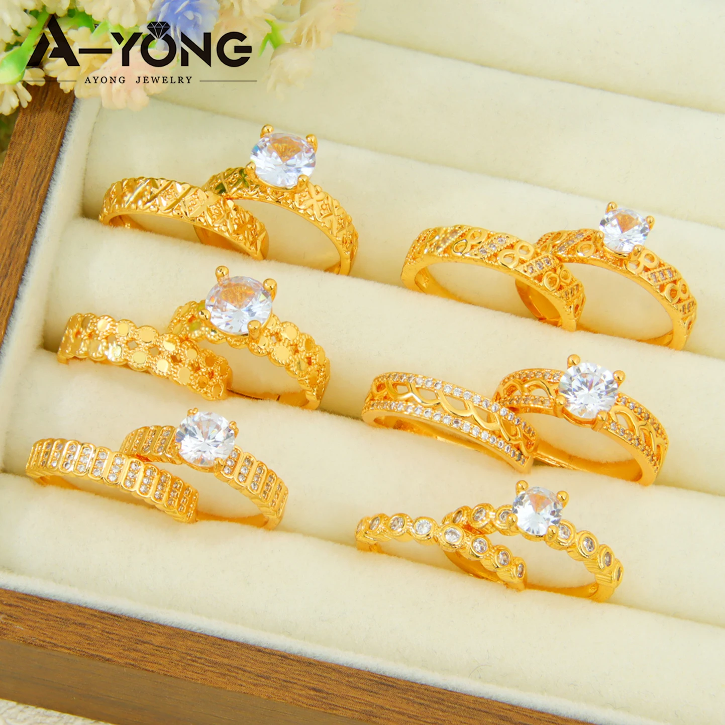 Dubai Fashion Cubic Zirconia Stackable Rings 21k Gold Plated Arabic Exquisite Engagement Couples Ring Italian Gold Jewelry