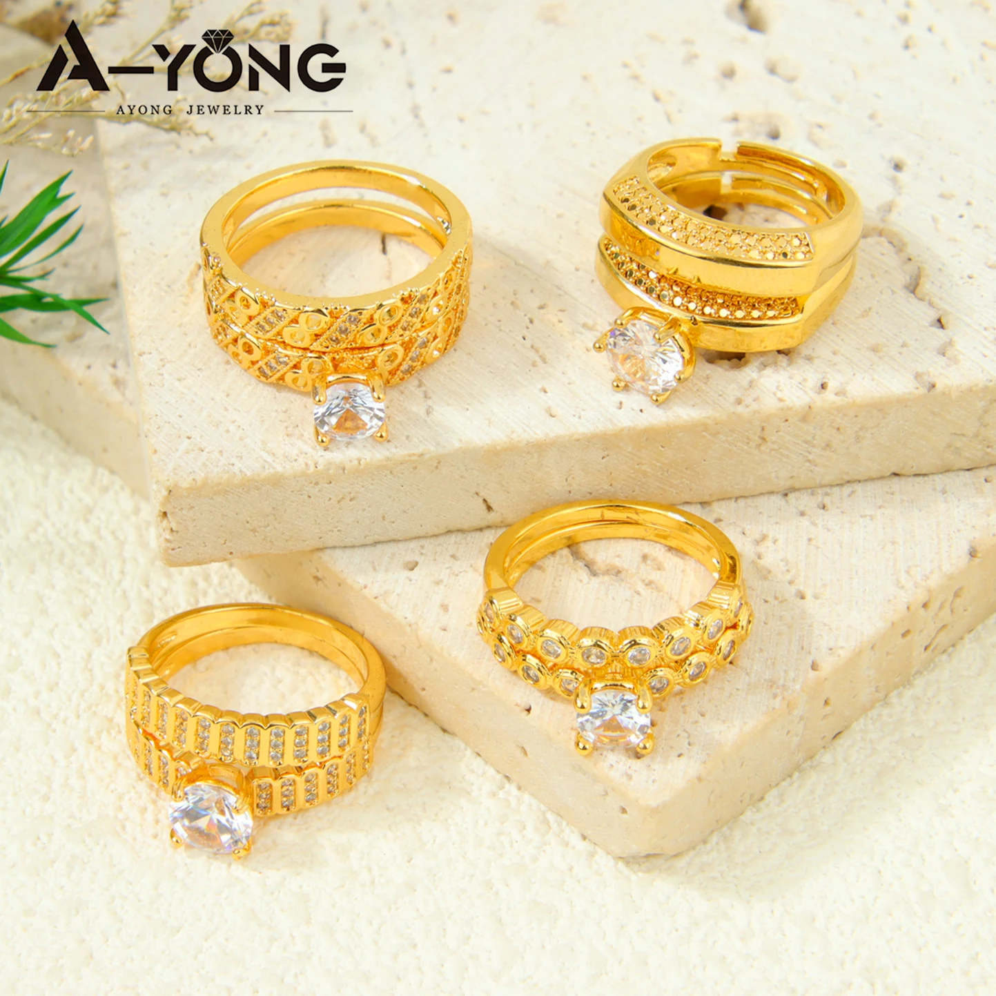 Dubai Fashion Cubic Zirconia Stackable Rings 21k Gold Plated Arabic Exquisite Engagement Couples Ring Italian Gold Jewelry