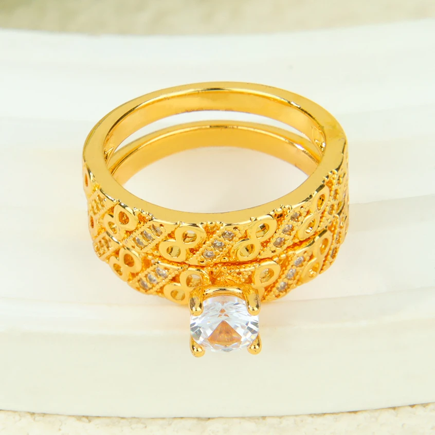 Dubai Fashion Cubic Zirconia Stackable Rings 21k Gold Plated Arabic Exquisite Engagement Couples Ring Italian Gold Jewelry
