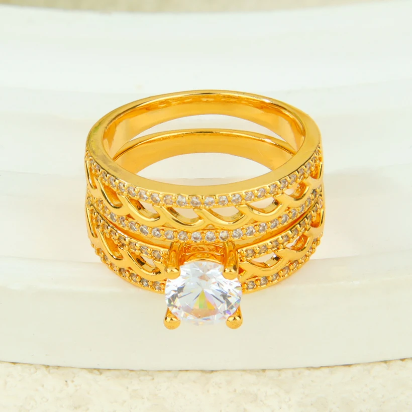 Dubai Fashion Cubic Zirconia Stackable Rings 21k Gold Plated Arabic Exquisite Engagement Couples Ring Italian Gold Jewelry