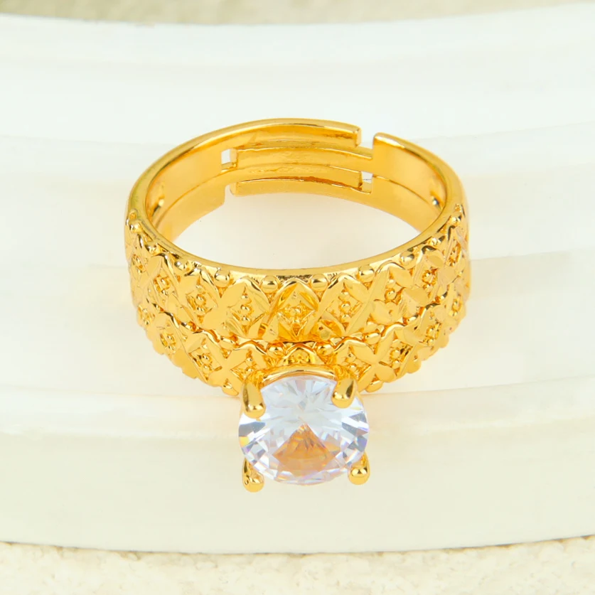 Dubai Fashion Cubic Zirconia Stackable Rings 21k Gold Plated Arabic Exquisite Engagement Couples Ring Italian Gold Jewelry