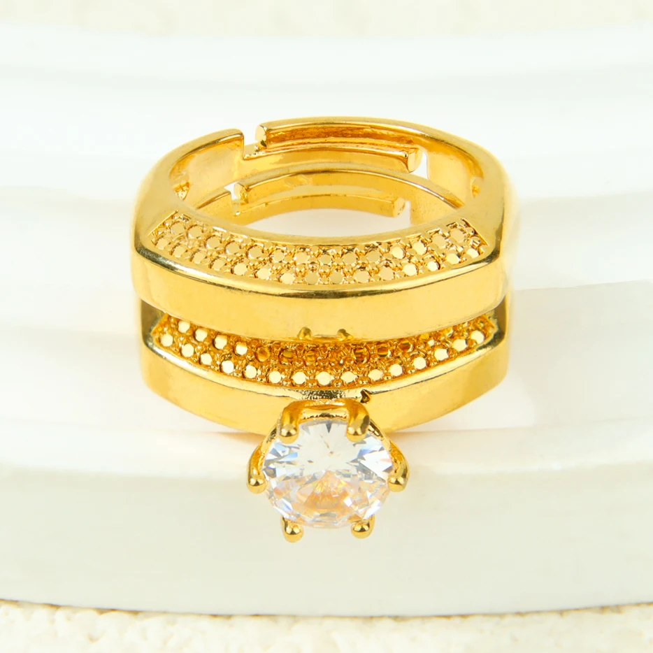 Dubai Fashion Cubic Zirconia Stackable Rings 21k Gold Plated Arabic Exquisite Engagement Couples Ring Italian Gold Jewelry
