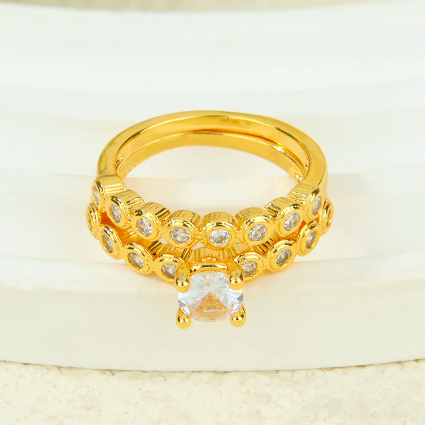 Dubai Fashion Cubic Zirconia Stackable Rings 21k Gold Plated Arabic Exquisite Engagement Couples Ring Italian Gold Jewelry