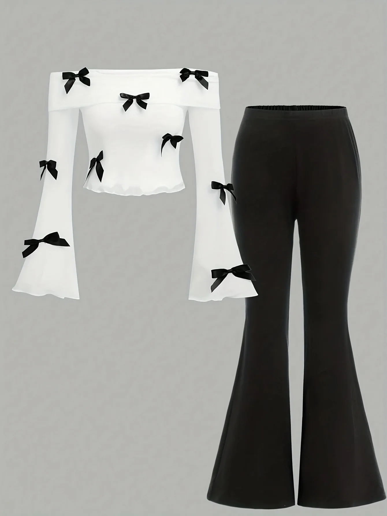 Kids Girls 2-Piece Off Shoulder Bow Print Flare Sleeve Top & High Waist Flare Pants Set Summer Casual Family Matching Daily Outf