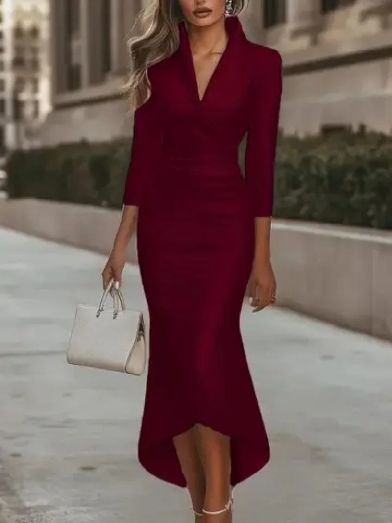 Women's Satin Cowl Neck Long Sleeve Wrap Waist Midi Dress High Low Hem