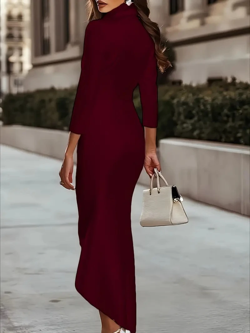 Women's Satin Cowl Neck Long Sleeve Wrap Waist Midi Dress High Low Hem