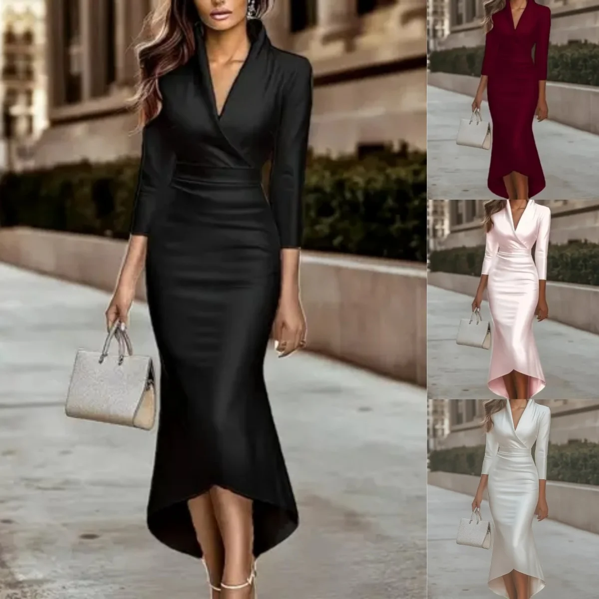 Women's Satin Cowl Neck Long Sleeve Wrap Waist Midi Dress High Low Hem