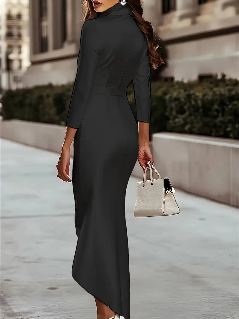 Women's Satin Cowl Neck Long Sleeve Wrap Waist Midi Dress High Low Hem